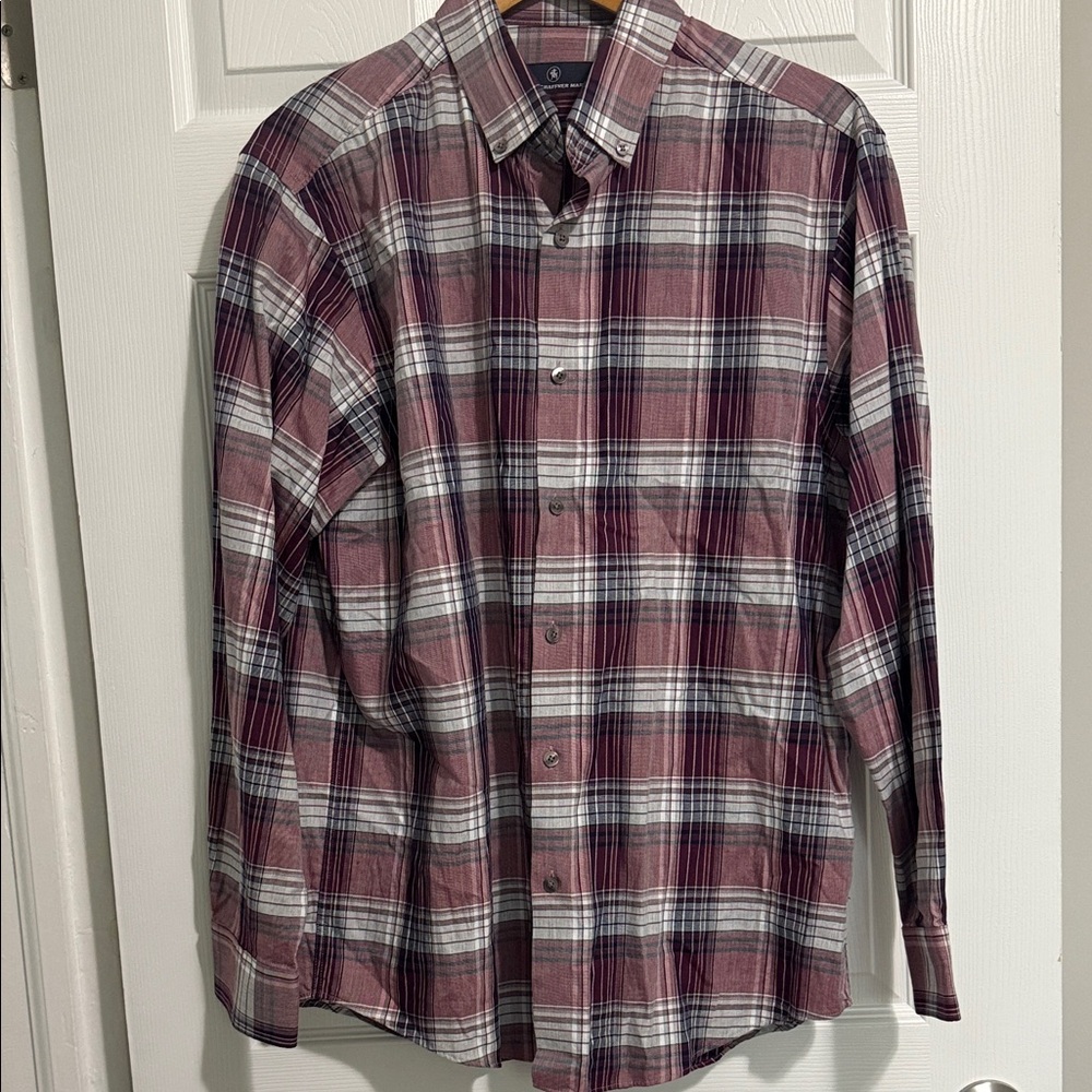 Hart Schaffner Marx Men's Burgundy and Gray Plaid Shirt